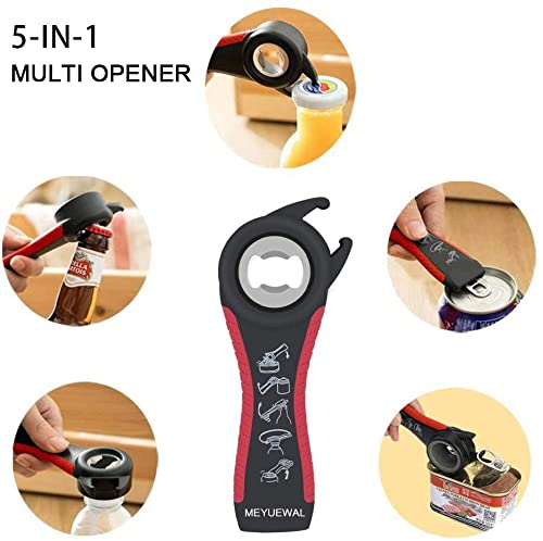 Jar Opener, 5 in 1 Multi Function Can Opener Bottle Opener Kit with Silicone Handle Easy to Use for Children, Elderly and Arthritis Sufferers (Apple Red）