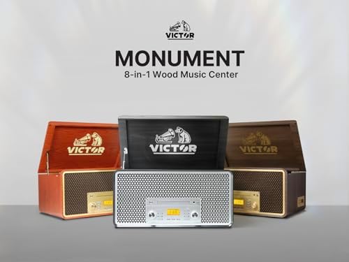 Victor VWRP-5000 Monument 8-in-1 Bluetooth Turntable with 3-Speed Vinyl Record Player, Cassette, CD Player, AM/FM Radio, USB, Aux Input, and Built-in Speakers – Ideal for Vinyl Lovers