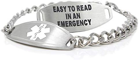 Medical Alert Bracelet Stainless Steel With Free Custom Engraving and ID Card, Curb Chain