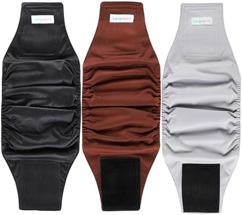 Langsprit Male Belly Bands for Dogs (Pack of 3) - High Absorbing Dog Wraps Male Washable - Reusable Male Dog Diapers (Black,Gray,Coffee, Medium)