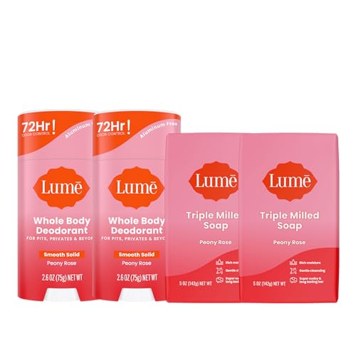 Lume Whole Body Deodorant And Soap - 2.6 Ounce Smooth Solid Stick With 72 Hour Odor Control (Pack of 2) and 5 Ounce Triple Milled Soap (Pack of 2) - Aluminum and Baking Soda Free (Peony Rose)