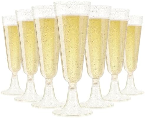 SUREHOME Champagne Flutes Plastic 100 Pack Gold Glitter Champagne Glasses Disposable Mimosa Glasses 5.5 Oz Sparkle Clear Acrylic Wedding Toasting Glasses Bulk for Party Bar Accessories Cocktail Cups