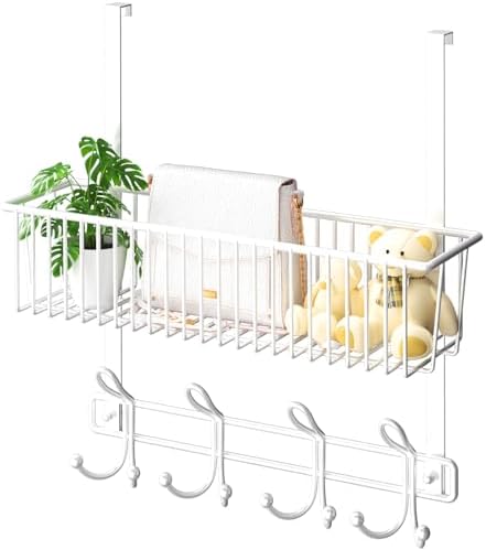 Over The Door Hooks Organizer,Door Hanger Door Storage with Basket,Over The Door Towel Rack Coat Hooks with 12 Hooks,for Bathroom,Bedroom,Kitchen,Office,Apartment(White)