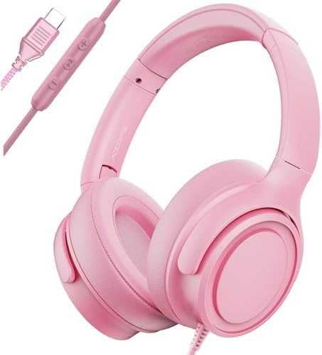 USB C Wired Over-Ear Headphones with Microphone, Hi-Fi Stereo Sound, Noise-Isolating Ear Cups, Comfortable Fit for iPhone15/16, Samsung Galaxy S24/S23, Type-C Phones & Tablets (Pink)