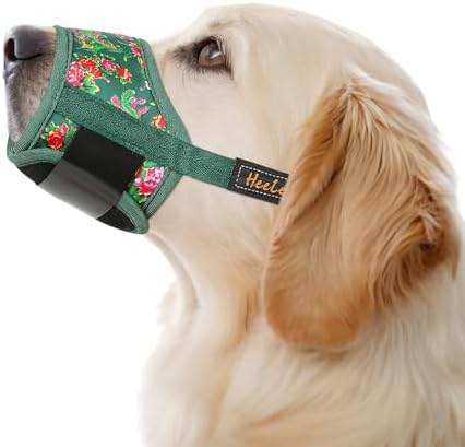 HEELE Dog Muzzle,Soft Nylon Print Muzzle Air Mesh Breathable Adjustable Loop Pattern Pets Muzzles for Small Medium Large Dogs,Stop Biting Barking and Chewing Green Flower X-Large