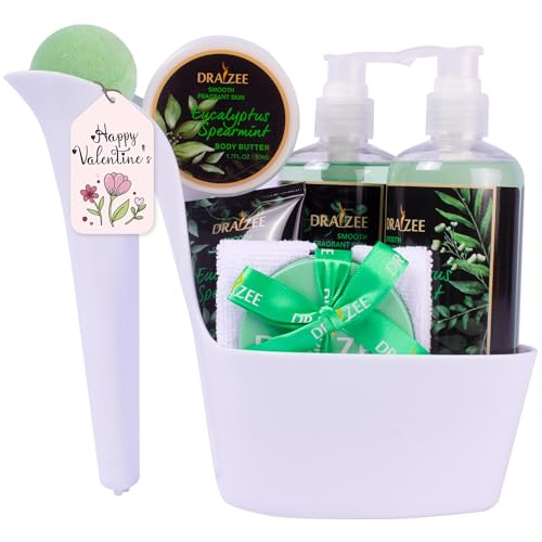 Valentine's Day Gifts for Women - 8 Pcs Luxury Eucalyptus Spearmint Scented Heel Shoe Bath and Body Spa Basket - Shower Gel, Bubble Bath, Body Butter, Lotion & More - Gift for Her, Mom by Draizee