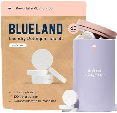 BLUELAND Laundry Detergent Tablets, Starter Set, 60 Count with Tin, Unscented, Plastic-Free Eco-Friendly Pods, Sheets, Liquid Alternative - Natural, Gentle, Non Toxic
