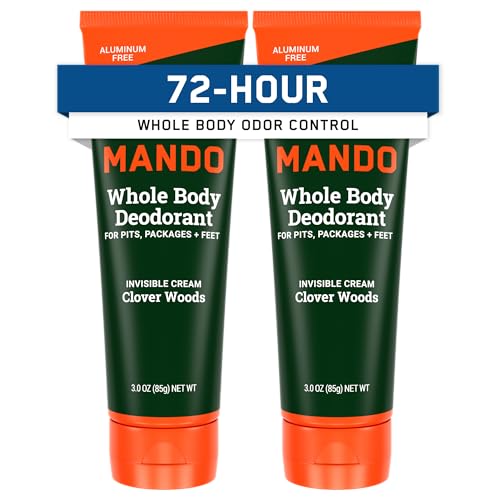 Mando Whole Body Deodorant For Men - Invisible Cream - 72 Hour Odor Control - Aluminum Free, Baking Soda Free, Skin Safe - 3 Ounce Tube (Pack of 2) - Clover Woods