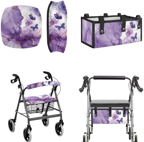LedBack 3 Pcs Sets Rollator Walker Accessories Purple Marble Print Butterfly Walker Seat Cover Rollator Walker Seat & Backrest Covers, Rollator Storage Under Seat Bag