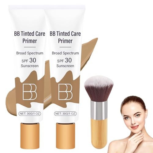 BB Blur Tinted Moisturizer SPF 30, BB Cream Tinted Moisturizer with Broad Spectrum SPF, BB Tinted Care Primer with Brush,Full Coverage Light-Medium Skin Color-Hydrates-Smooths Your Skin(Medium, 2PCS)