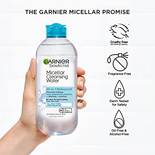 Garnier Micellar Water For Waterproof Makeup, Facial Cleanser & Makeup Remover, 13.5 Fl Oz (400mL), 2 Count (Packaging May Vary)