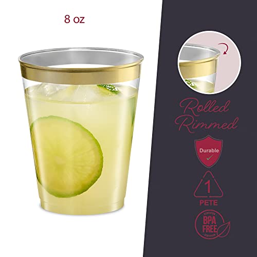 PLASTICPRO Disposable 8 oz Crystal Clear Plastic Tumblers With Gold Rim for Party's & Weddings pack of 100