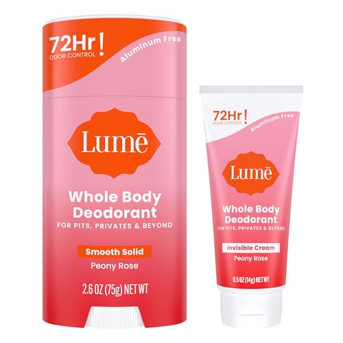 Lume Whole Body Deodorant - Invisible Cream Tube Mini + Solid Stick Bundle - 72 Hour Odor Control - Aluminum & Baking Soda Free, Skin Loving (Peony Rose)