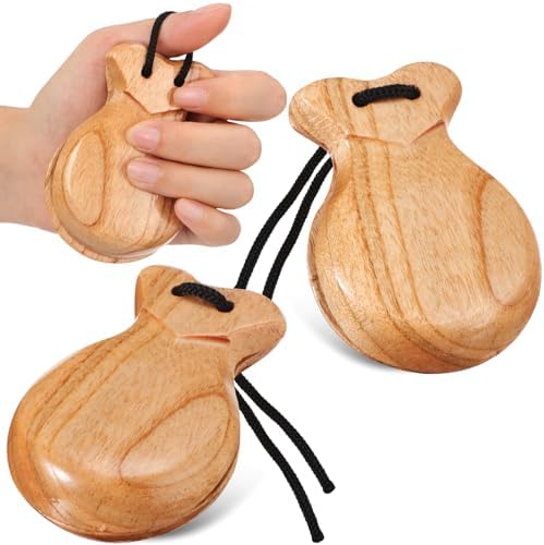 2 Pack Spanish Castanets Flamenco with String Traditional Wood Hand Percussion Castanets for Adults Kids Music Instrument Spain Souvenir Gift,1 Pair(Natural)