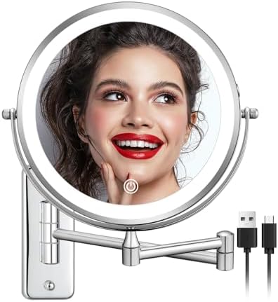 DECLUTTR Rechargeable Wall Mounted Makeup Mirror, 8 Inch 1X/10X Magnifying Mirror with 3 Color Lights, Dimmable LED Lighted Makeup Mirror with Double Sided