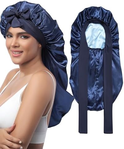 AWAYTR Long Satin Bonnet for Sleeping - Double Layer Reversible Silk Bonnet for Long Hair Women Sleeping Cap with Tie Band