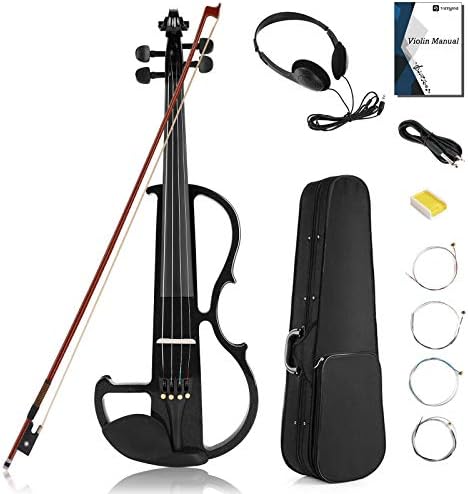Vangoa Electric Violin Full Size 4/4, Black Silent Electric Violin, Solid Wood Metallic Electric Fiddle with Ebony Fittings, Beginner Kit for Adults Teens
