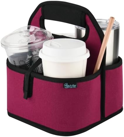 Beautyflier Reusable Insulated Coffee Cup Carrier, Portable Drink Holder with Handle Organizer Tote Bag for Hot & Cold Drinks (Wine Red)