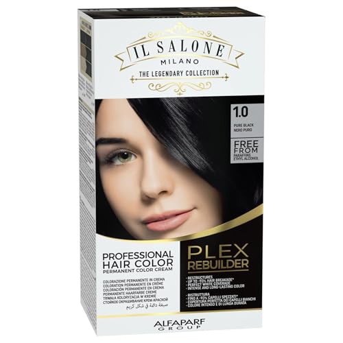 Il Salone Milano Plex Rebuilder Permanent Hair Color Cream - 1.0 Pure Black Professional Hair Dye Kit for a Natural Gloss & Glaze - Paraffin, Paraben, and Alcohol Free