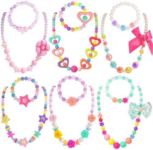 PinkSheep Kids Classic Jewelry, 6 Sets of Beaded Necklaces and Bracelets for Girls, Favors Bags for Girls Jewelry (Classic)