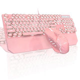 Typewriter Mechanical Gaming Keyboard and Mouse Combo, Retro Punk Round Keycaps White LED Backlit USB Wired Computer Keyboard for Game and Office, for Windows Laptop PC, Red Switches(Pink)