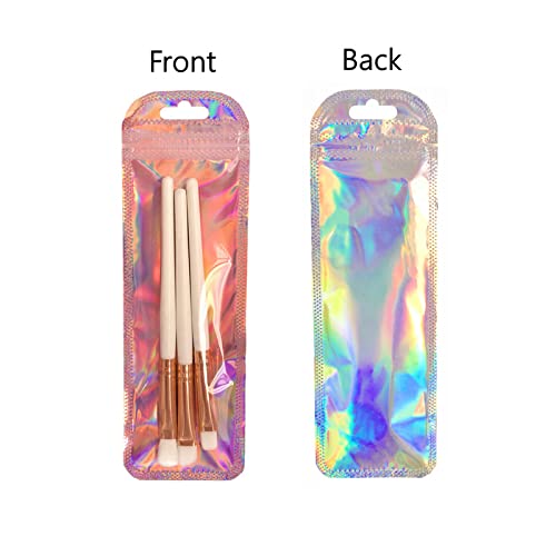 200 Pack Resealable Holographic Bags for Small Business Pink Ziplock Baggies for Jewelry,Lip Gloss,Lash,Zipper Bags Stripping Smell Proof Bag Sample Pouch Packaging Bags (2.4x7.3 inch,Small Size)