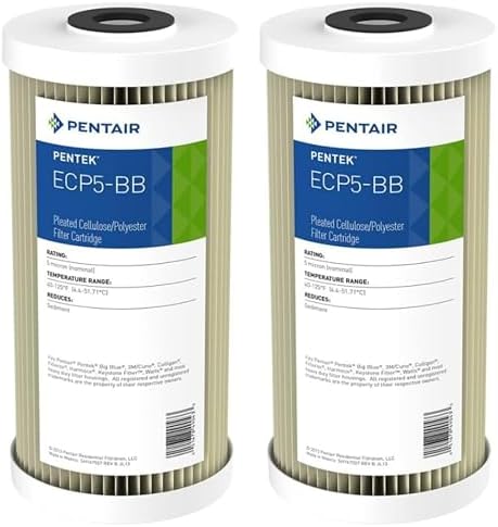 Pentair Pentek ECP5-BB Big Blue Sediment Water Filter, 10-Inch, Whole House Heavy Duty Pleated Cellulose Polyester Replacement Cartridge, 10" x 4.5", White End-Cap, 5 Micron, Pack of 2