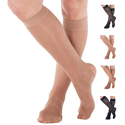 ABSOLUTE SUPPORT Made in USA - Knee Hi Compression Stockings Women 8-15mmHg for Flight Airplane Travel - Sheer Compression Support Stockings 8-15 mmHg for Women Beige, Large
