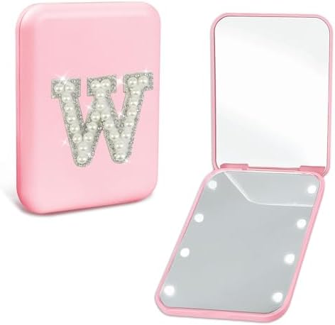 Personalized LED Travel Compact Mirror for Purses, Pearl Initial Letter 1X/2X Magnification Small Makeup Mirror with Lights Pink Portable Pocket Mirror Mom Friends Bridesmaid Gifts (W)