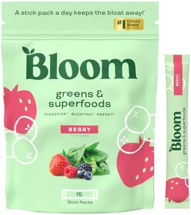 Bloom Nutrition Superfood Greens Powder Stick Packs, Digestive Enzymes with Probiotics and Prebiotics, Gut Health, Bloating Relief for Women, Chlorella, Green Juice Mix, 15 SVG, Berry