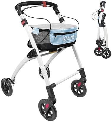 KMINA PRO - Narrow Walkers for Small Spaces, Folding Walker with Wheels and Brakes, Seniors, Blue