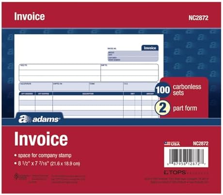 Adams Invoice Book, 2-Part Carbonless, 8-1/2" x 7-7/16", 50 Sets per Book (NC2872), White/Canary