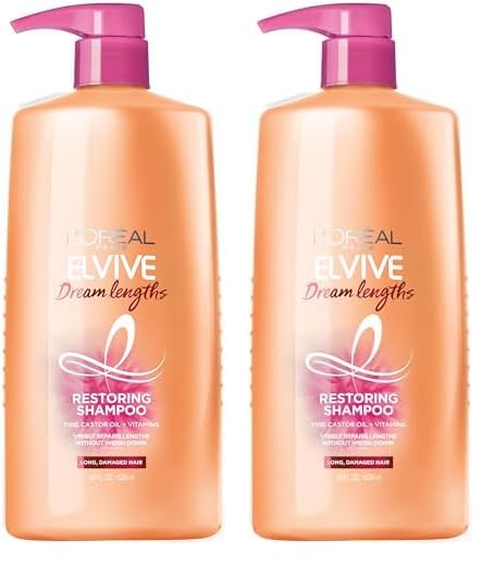 L'Oreal Paris Elvive Dream Lengths Restoring Shampoo With Fine Castor Oil and Vitamins B3 and B5 for Long, Damaged Hair, Visibly Repairs Damage Without Weighdown With System, 28 Fl Ounce (Pack of 2)