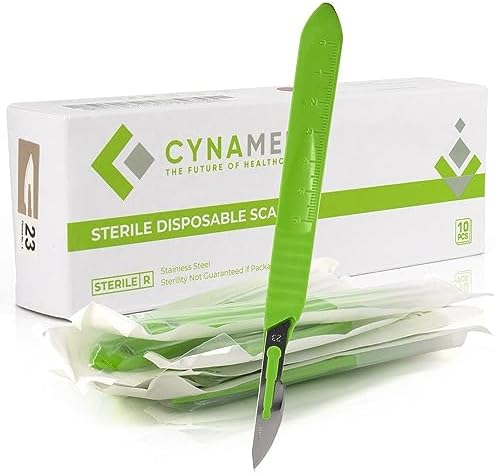 Cynamed Disposable Scalpel Blades| Sharp, Tempered Stainless-Steel Blades | Pack of 10 Sterile Scalpel Knives| Plastic Handle| Individual Pouches| for Dermaplaining, Podiatry, Crafts & More (No.23)