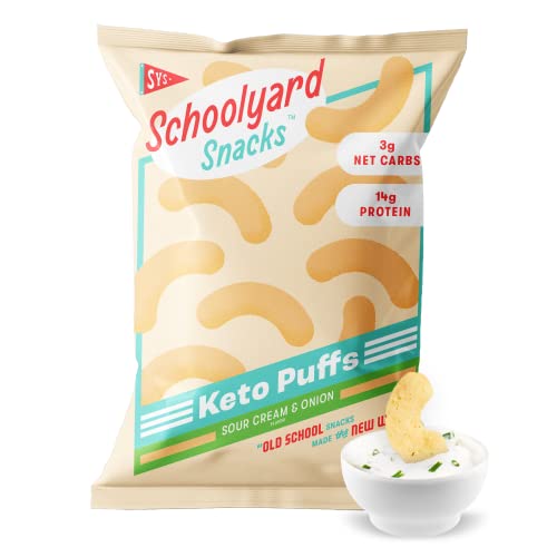 Schoolyard Snacks Low Carb Protein Puffs (12 Pack, Sour Cream & Onion) Keto Chips, High Protein Snacks - Low Sugar and Calories, Gluten & Grain Free