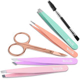 TsMADDTs Eyebrow Tweezer Set, 6 Pcs Tweezers Set for Women, Precision Tweezer for Eyebrows with Curved Scissors for Ingrown Hair, Hair Plucking Daily Beauty Tools with Leather Travel Case