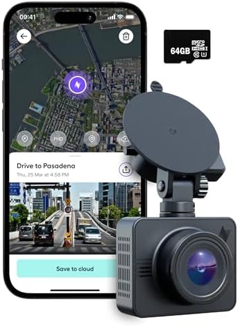 Nexar Beam GPS Dash Cam - 1 Year Nexar App Subscription Included - Unlimited Cloud Storage, Drive Recordings, Parking Mode, Night Vision, All Inside The Nexar App - WiFi HD Front Dash Cam (64 GB SD)