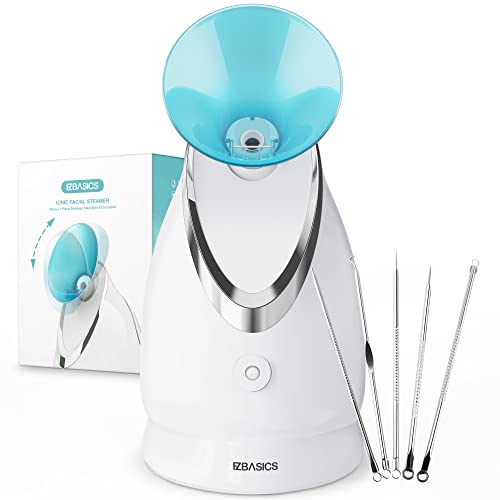 EZBASICS Facial Steamer Ionic Face Steamer for Home Facial, Warm Mist Humidifier Atomizer for Face Sauna Spa Sinuses Moisturizing, Unclogs Pores, 1 Pack + 5 Stainless Steel Skin Kit Blue