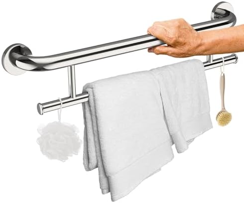 Polished Chrome Grab Bar 24 Inch w/Towel Holder, iHansee Stainless Steel Towel Rack Shower Support Balanced Support Handle, Wall Mount Safety Handrail Grab Rail for Elderly Senior Handicap Disabled