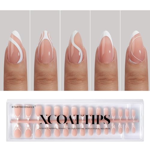 BTArtbox Press On Nails Almond - 5 Styles XCOATTIPS French Tip Almond Nails, Pre-Designed Swirl Soft Gel Nail Tips, Ultra Fit Medium False Nail, Soak Off Acrylic Fake Nails for Nail Art DIY