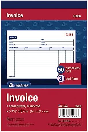 Adams Invoice Book, 3-Part, Carbonless, 5-9/16 x 8-7/16 Inches, 50 Sets per Book (T5080),White/Canary/Pink