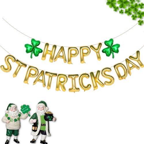 St. Patrick's Day Decorations, Big 16 Inch Happy St. Patricks Day Gold Letter Balloons Banner with 2 Pcs Green Shamrock Foil Balloons Party Favor for Mantle Wall Home Garland Spring Party Supplies