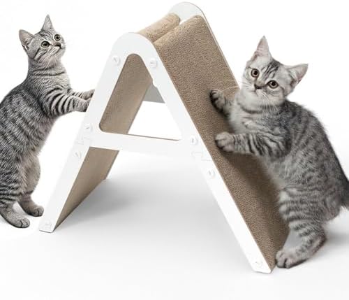 A-Frame Cat Scratching Board, Recycled Cardboard & Wood Frame, Dual-Sided Vertical Horizontal Cat Scratcher for Indoor Kittens, Space-Saving Furniture Protector for Sofa Walls, White