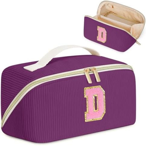 Gifts for Girls, Initial Travel Makeup Bag Christmas Gift Make up Bag Cosmetic Bags for Women, Stuff Bag Personalized Cute Quilted Makeup Bag Birthday Gifts for Women/Friend/Mother Deep Purple - D