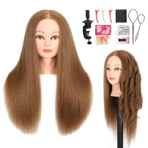 Mannequin Head 100% Human Hair,Hairdresser Cosmetology Mannequin Doll Head Practice Braiding Head with Free Clamp (27#Light Brown)