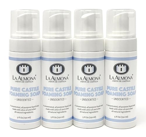 Pure Castile Liquid Soap, UNSCENTED, 5 Fl Oz - Pack of 4 Foaming Bottles - Multipurpose, For Sensitive Skin, All-Natural Ingredients, Fragrance Free