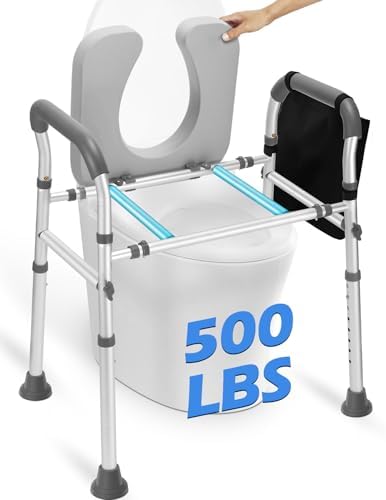 Raised Toilet Seat with Handles, Heavy Duty 500lb Toilet Seat Risers for Seniors, Extra Support Bars for Soft Padded Seat, Adjustable Width&Height Toilet Seat Riser for Disabled-Gray