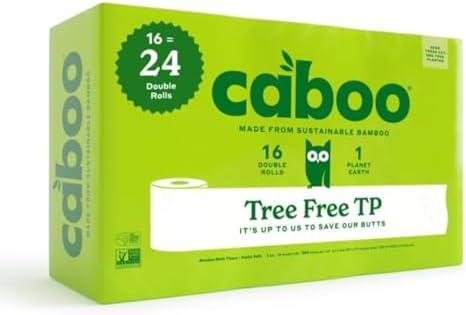 Caboo Tree Free Toilet Paper, Septic Safe Bath Tissue, Soft 2 Ply Sheets, 300 Sheets Per Roll, 16 Double Rolls