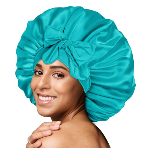 BONNET QUEEN Large Satin Bonnet Silk Bonnet for Sleeping Women Hair Bonnet Big Bonnet Night Sleep Cap Scarf Wrap for Curly Hair with Tie Band Aqua