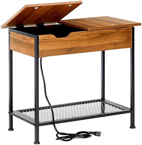 Pipishell End Table with Charging Station, Flip-Top Side Table with USB Ports and Outlets, Small Narrow End Table for Living Room, Bedroom and Study, PIET08WN